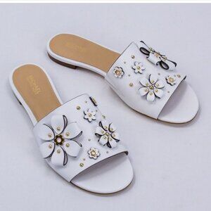 Michael Kors  $168 TARA White Leather Embellished Flower Slides Flats 9